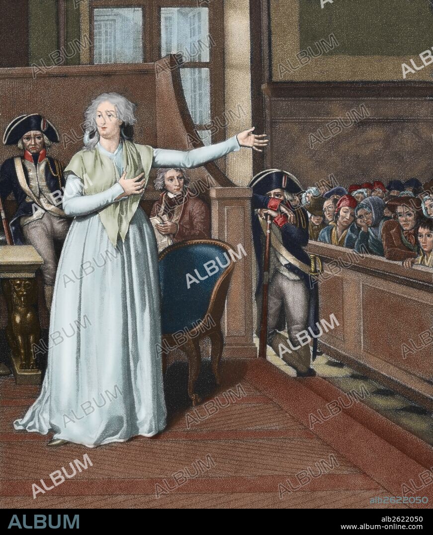 MARIA ANTONIETA. (Viena, 1755-París, 1793). Esposa de Luis XVI y reina de Francia (1774-1792). Desde el inicio de la Revolución Francesa fue la máxima representante de la aristocrácia conservadora. El 16 de octubre de 1793 fue juzgada y condenada. "MARIA ANTONIETA ANTE EL TRIBUNAL". Grabado coloreado.