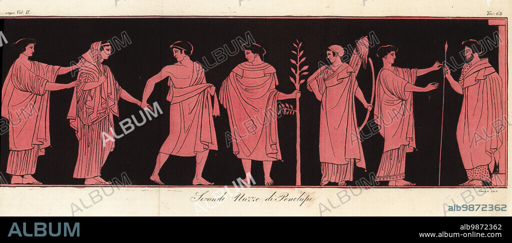 The bride Penelope in wedding veil with her pronuba or matron of honor. A paranymph conducts her to the grooms house. From a vase discovered in Athens. Second marriage of Penelope. Seconde Nozze di Penelope. Handcoloured copperplate engraving by Giovanni Antonio Sasso after Wagner from Giulio Ferrarios Costumes Ancient and Modern of the Peoples of the World, Il Costume Antico e Moderno, Florence, 1826.