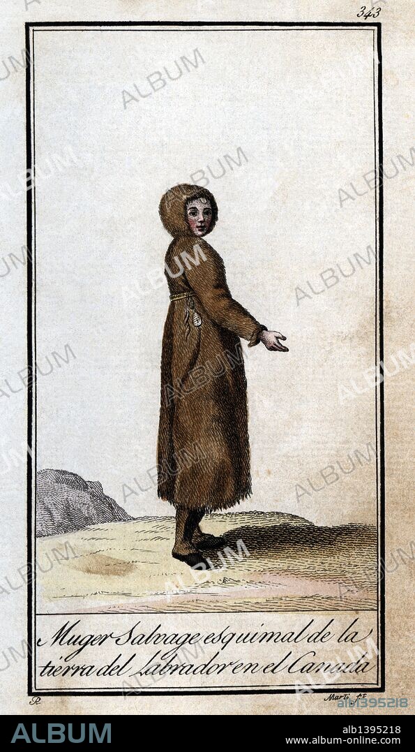 Mujer india salvaje esquimal de la Tierra del Labrador en Canadá. Grabado en color de 1805.