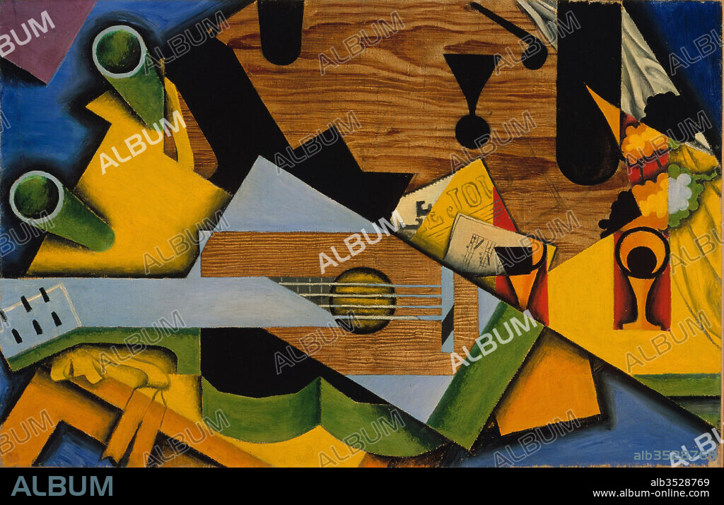 Still Life with a Guitar, 1913, Oil on canvas, 26 x 39 1/2 in. (66 x 100.3 cm), Paintings, Juan Gris (Spanish, Madrid 1887–1927 Boulogne-sur-Seine), Despite the apparent flatness of the composition, it suggests depth with bold colors and sudden changes in perspective. Gris painted this picture in Céret, a small town in the Pyrenees popular with artists, most notably Picasso, who spent the summer of 1911 and parts of 1912 and 1913 there.