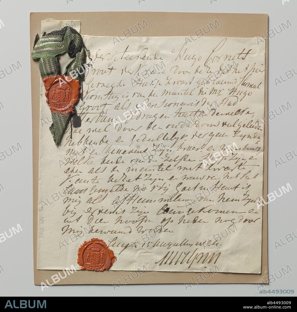 Declaration of authenticity associated with the fragment of a coat or cloak, according to tradition from Hugo de Groot two red wax stamps, one of which is on a ribbon., Hugo de Groot, Hugo Cornets de Groot, Netherlands, 15-Aug-1824, paper, writing (processes), h 220 mm × w 200 mm.
