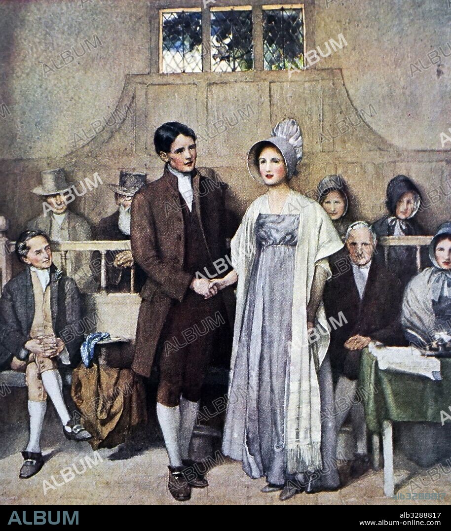 Painting titled 'A Quaker Wedding (Love and Loyalty)' by Joseph Walter West (1860-1933). Dated 20th Century.