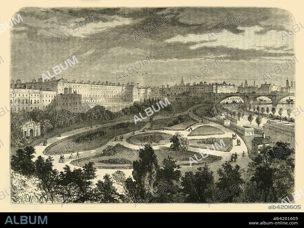 'The Embankment, from Charing Cross Bridge', (1881). The Embankment Gardens in London were created in 1874, on the reclaimed land on the inward side of the Victoria Embankment next to the River Thames. At left is the York Watergate, built in 1626, which gave access to the Thames from York House, a mansion on the Strand. The building of the Thames Embankment left it 150 yards from the river. From Old and New London: A Narrative of Its History, Its People, and Its Places. Westminster and the Western Suburbs, by Edward Walford, Vol. III. [Cassell, Petter, Galpin & Co., London, Paris & New York, 1881].