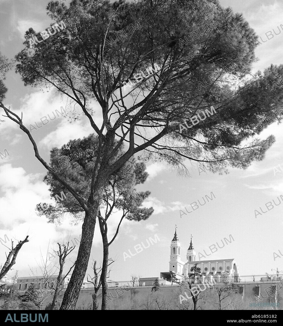 CATEDRAL DE LA ALMUDENA EN OBRAS VISTA DESDE LOS JARDINES DEL CAMPO DEL MORO - FOTOGRAFIA EN BLANCO Y NEGRO - AÑOS 60.