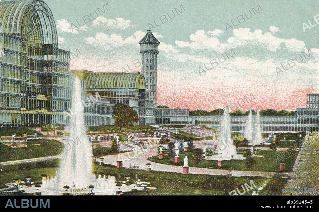 'Crystal Palace, Sydenham', c1910. The Crystal Palace erected in Hyde Park, London, England, to house the Great Exhibition of 1851. The building was rebuilt in an enlarged form on Penge Common, at the top of Penge Peak, Sydenham Hill. It stood there from 1854 until its destruction by fire in 1936. [F. Frankel & Co., London, c1910].