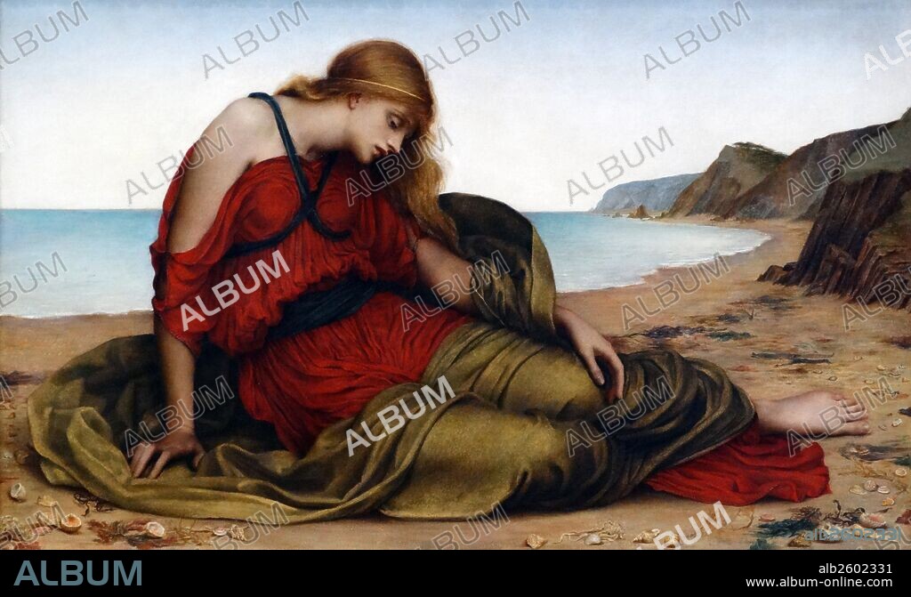 Ariadne in Naxos 1877, by Evelyn De Morgan (30 August 1855 – 2 May 1919). English Pre-Raphaelite painter. Ariadne in Greek mythology, was the daughter of Minos, King of Crete, She is mostly associated with mazes and labyrinths, due to her involvement in the myths of the Minotaur and Theseus. She eloped with Theseus who abandoned Ariadne sleeping on Naxos, and Dionysus rediscovered and wedded her.