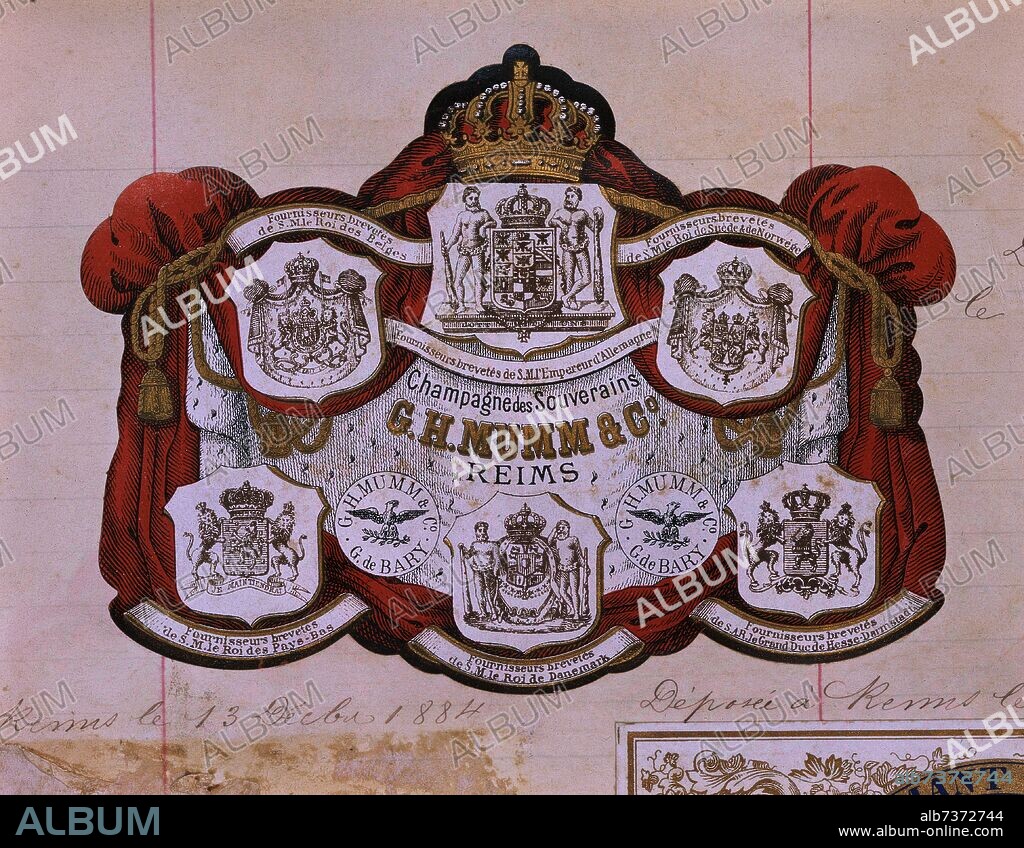 ETIQUETA DE CHAMPAGNE "G.H.MUMM & CO"EXTRA DRY-PREMIADO EN VARIOS PAISES- 1884.