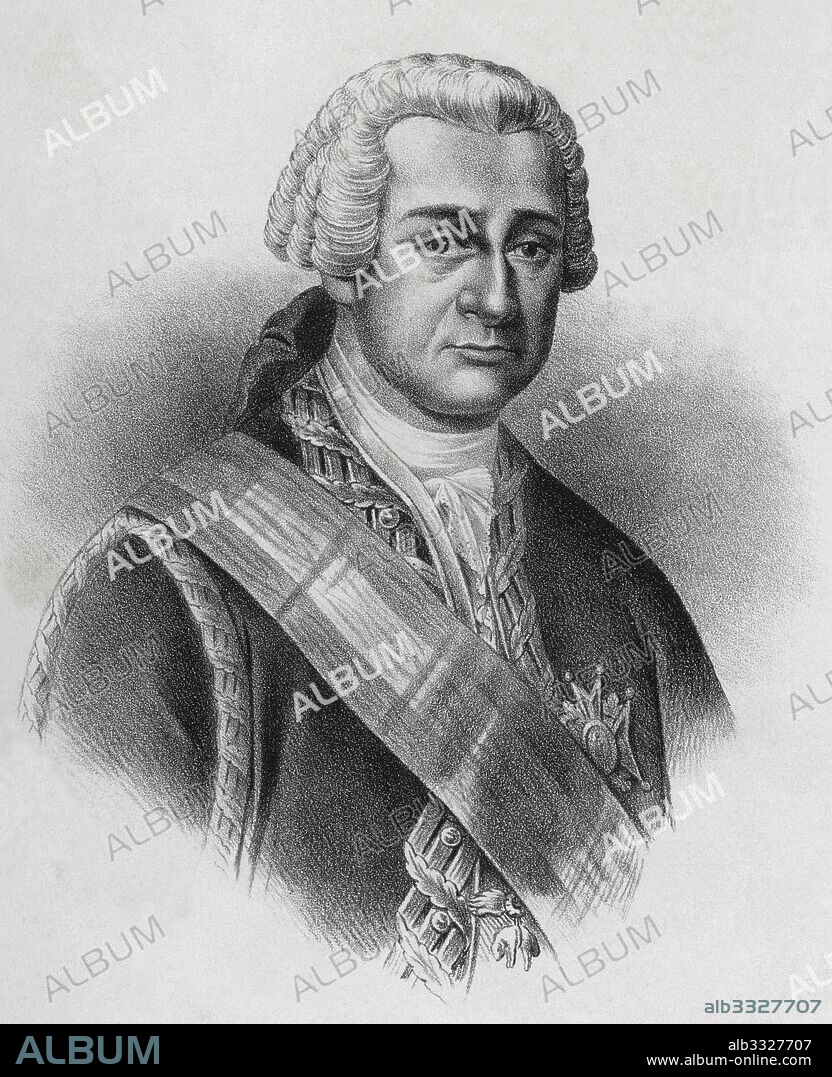 Pedro Pablo Abarca de Bolea-Ximénez de Urrea y Ponts de Mendoza (1719-1798), conde de Aranda, noble, militar y estadista ilustrado. Grabado de 1880.