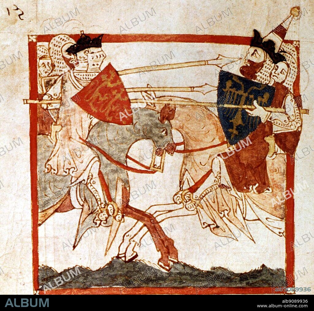 King Arthur fights the Emperor Lucius, 13th century. King Arthur page 48.