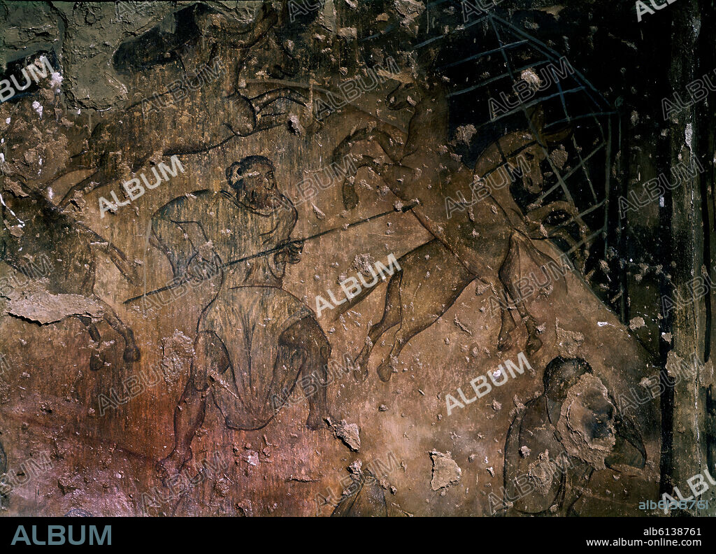 PARED NORTE DE LA NAVE IZQUIERDA DEL GRAN SALON - CALIFA O PRINCIPE (WALID I) DIRIGIENDO LA CACERIA - FRESCOS OMEYAS DE QUSEIR AMRA - SIGLO VIII.