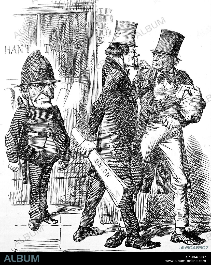 Cartoon depicting 'Mr Punch' dressed as policeman, standing firm in the face of menacing union figures. Dated 19th Century.