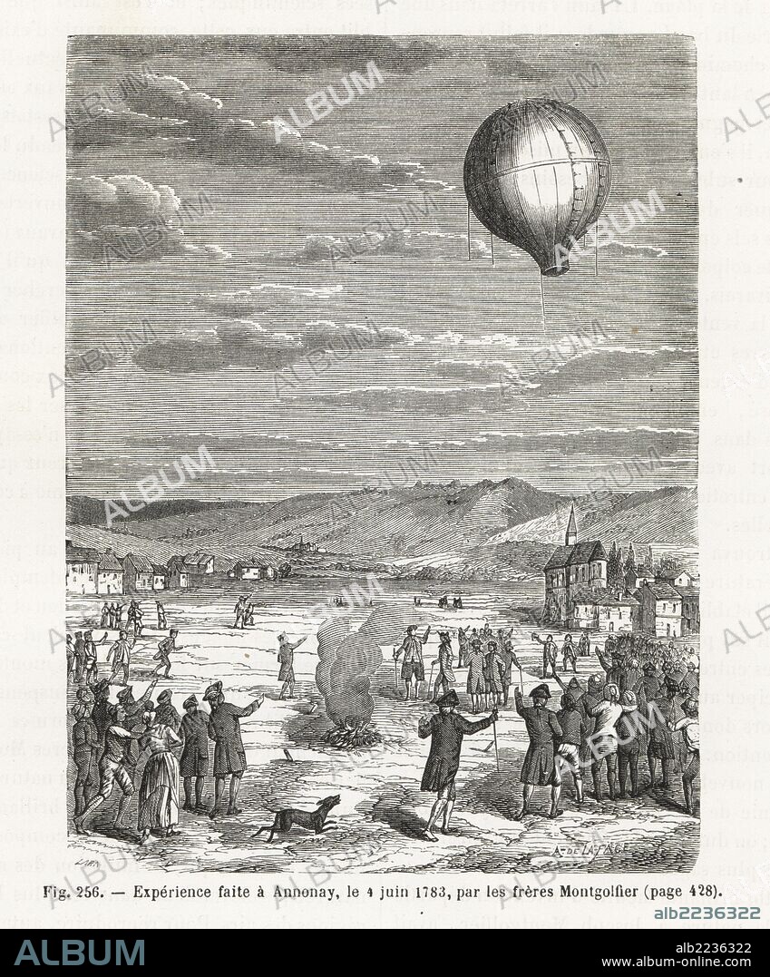 Air balloon flight in June 1783 by the Montgolfier brothers, Etienne and Joseph, at Annonay. Woodblock engraving by Lara after A. de la Fage from Louis Figuier's "Les Merveilles de la Science: Aerostats" (Marvels of Science: Air Balloons), Furne, Jouvet et Cie, Paris, 1868.