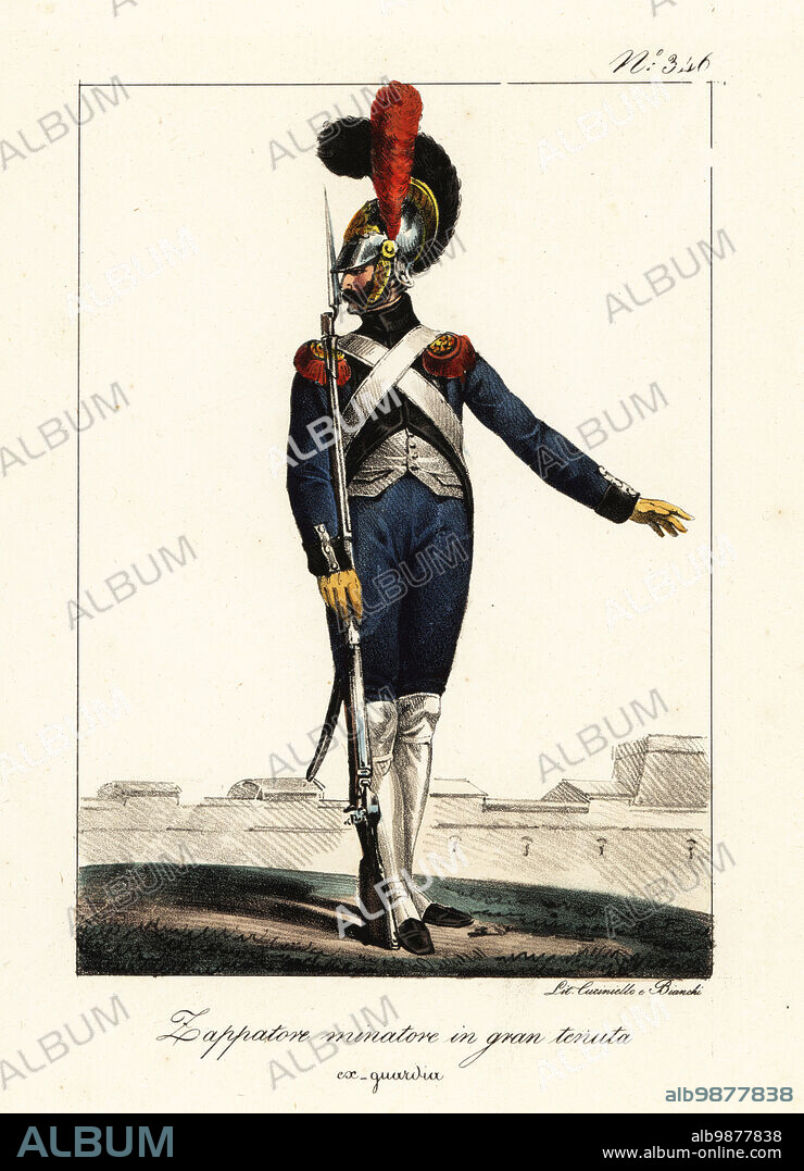 Sapper in full-dress uniform, Napoleon's Army. In dragoon's helmet with plume, blue coat, red and gold epaulettes, breeches, gaiters, musket with bayonet. Sapeur mineur, en Grande tenue, ex-garde. Handcoloured lithograph by Lorenzo Bianchi and Domenico Cuciniello after Hippolyte Lecomte from Costumi civili e militari della monarchia francese dal 1200 al 1820, Naples, 1825. Italian edition of Lecomtes Civilian and military costumes of the French monarchy from 1200 to 1820.