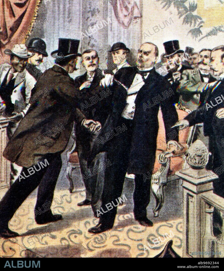 French drawing of Leon Czolgosz shooting President McKinley of the United States, at the Pan-American Exhibition at Buffalo on 6th September 1901. One bullet penetrated the abdomen, and McKinley died eight days later. The murder spread a fear of anarchism across America.