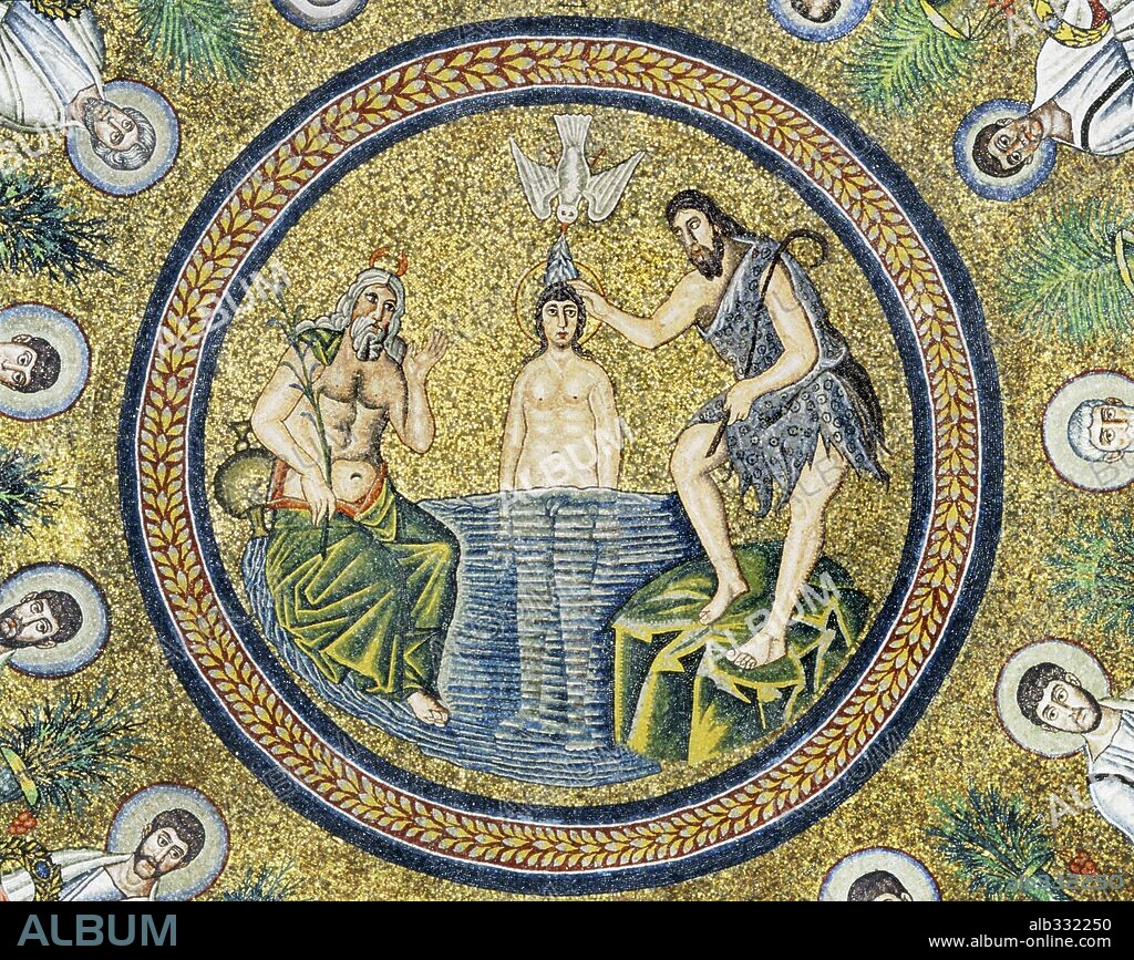 Cupola moasic of Baptism of Christ by John Baptist with the River God of  jordan in Baptistery of Arians, built Theodoric. - Album alb332250