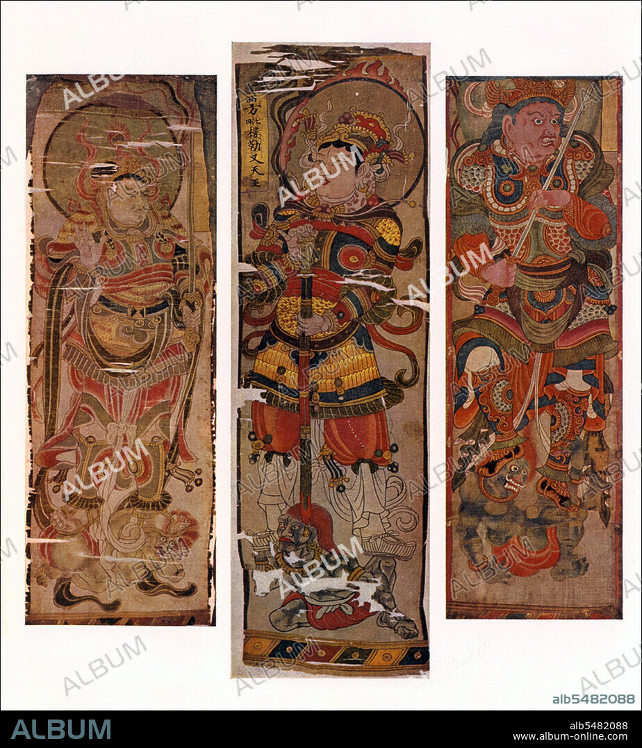 In Buddhism, lokapala are one of two broad categories of Dharmapala (protectors of the Buddhist religion) - the other category being Wisdom Protectors. The Mogao Caves, or Mogao Grottoes (Chinese: mògao ku, also known as the Caves of the Thousand Buddhas and Dunhuang Caves) form a system of 492 temples 25 km (15.5 miles) southeast of the center of Dunhuang, an oasis strategically located at a religious and cultural crossroads on the Silk Road, in Gansu province, China. The caves contain some of the finest examples of Buddhist art spanning a period of 1,000 years. The first caves were dug out in 366 CE as places of Buddhist meditation and worship. The Mogao Caves are the best known of the Chinese Buddhist grottoes and, along with Longmen Grottoes and Yungang Grottoes, are one of the three famous ancient sculptural sites of China. The caves also have celebrated wall paintings.