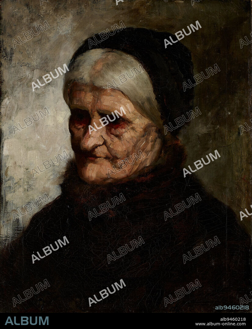 Head of an Old Woman, 1881, Robert Koehler, American, (born Germany), 1850 - 1917, 21 5/8 x 18 1/4 x 2 1/4 in. (54.93 x 46.36 x 5.72 cm) (outer frame)14 1/2 x 18 in. (36.83 x 45.72 cm) (canvas), Oil on canvas, United States, 19th century.