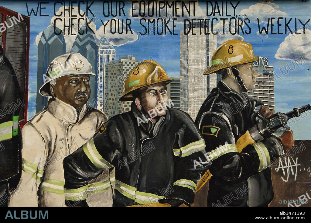 Panel with the representation of firefighters in a fire station in the city. Philadelphia. Pennsylvania. USA.