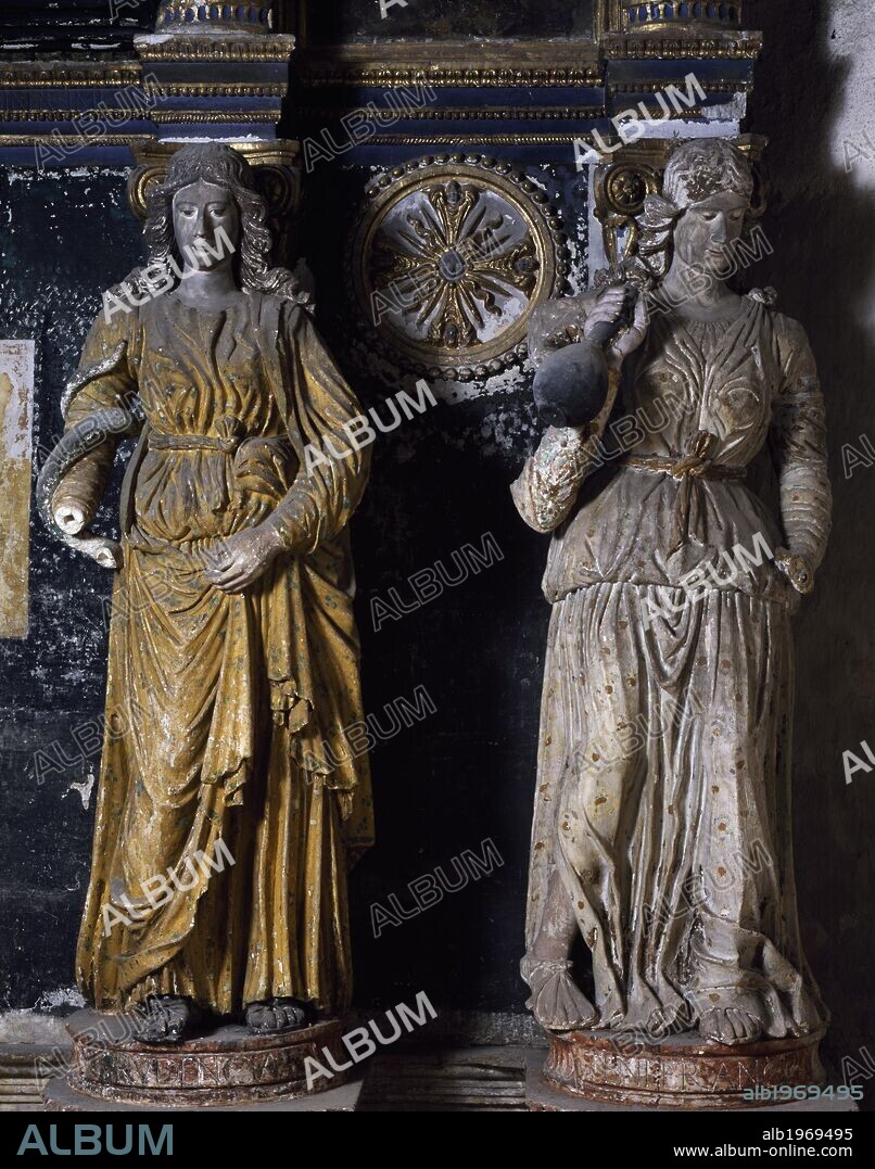 Detail of the tomb of Giulio Antonio Acquaviva, painted stone sculpture by Nunzio Barba (1484-1524), choir of the Church of Santa Maria dell'Isola, Conversano, Apulia. Italy, 16th century.