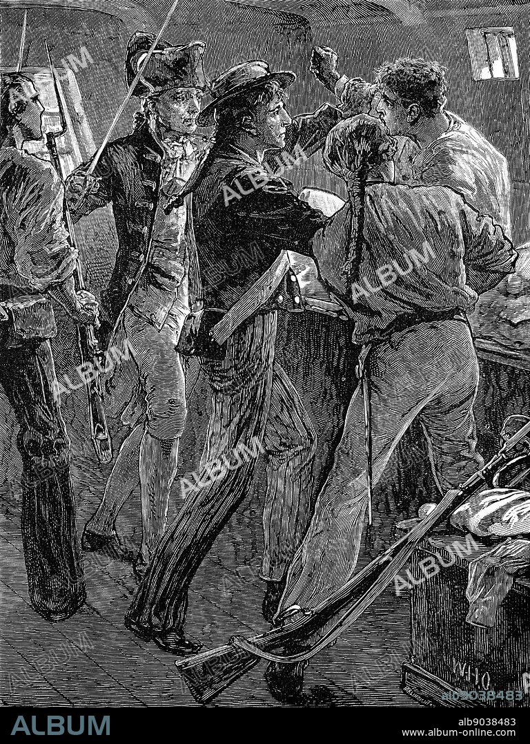 William Bligh (1754-1817) British naval officer, seized in his cabin by mutinous crew of 'HMS Bounty', led by Fletcher Christian (with sword) 28 April 1789. Late 19th century engraving.