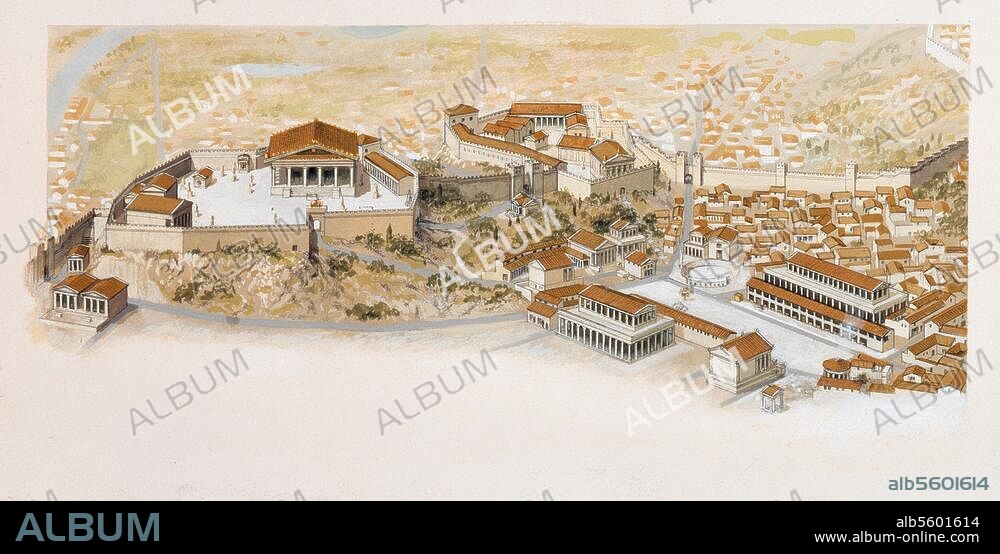 Rom - Roma (Italien). Kapitol - Campidoglio. "The Forum Romanum and Capitol". (Rekonstruktion des Kapitols mit dem Tempel des Jupiter und dem Forum Romanum am Ende des 2. Jh. v. Chr.). Aquarell, 1998, von Peter Connolly. (1935-2012). Aus der Serie: The Ancient City.