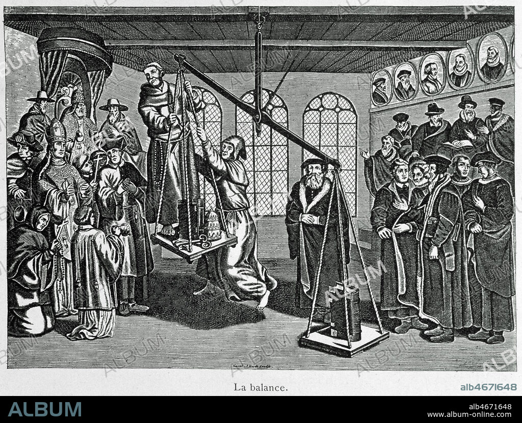 'La balance'. Caricature calviniste : les catholiques essaient de peser dans la balance face a la simple bible des protestants. CALVIN (1509-1564) est represente a droite. Gravure hollandaise par Van Der HOYE de 1591, et reprise dans l'ouvrage 'Iconographie calviniste' par E. DOUMERGUE en 1909. Credit : Collection Jonas/KHARBINE-TAPABOR.