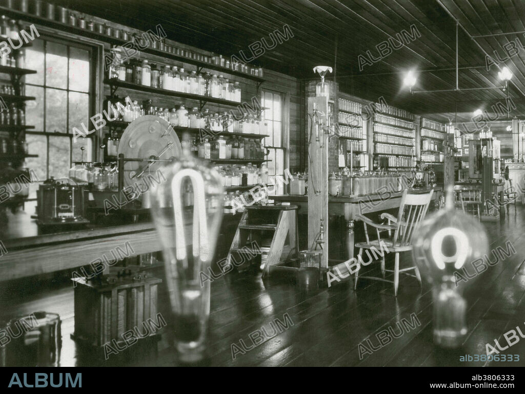 Thomas Edison's Menlo Park Laboratory in New Jersey, photographed on February 22, 1880. This was the first industrial research lab, in operation from (1876-1881). It has since been removed to Greenfield Village in Dearborn, Michigan. Thomas Alva Edison (1847-1931) was an American inventor, famous for inventing or improving devices such as the phonograph and the electric light bulb. Edison was one of the first inventors to build research laboratories to make and develop inventions. He also founded several companies, and filed over 1000 patents. Other work included improvements to telegraphy, cameras, and motion picture cameras, as well as promoting his DC electrical distribution systems. He also discovered the Edison Effect, on which thermionic valves are based.