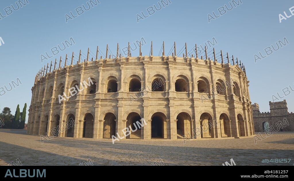 Anfiteatro de la ciudad romana de Nemausus hacia el S. I EC. Reconstrucción del anfiteatro conocido también como "arenas de Nimes" construido en el año 27 EC y que se conserva casi en su totalidad.