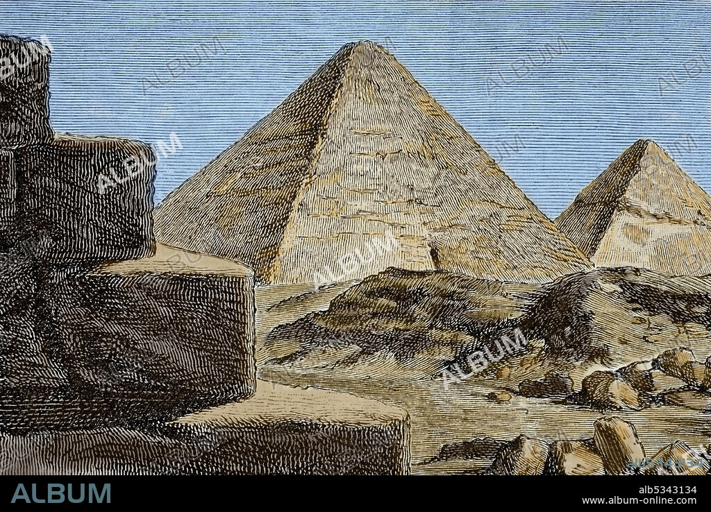 Historia Antigua. Norte de Africa. Civilización del antiguo Egipto. Las Pirámides del valle de Giza. Imperio Antiguo, c. 2686-21181 a.C. Grabado. Coloreado. La Civilización, Tomo I, 1881.