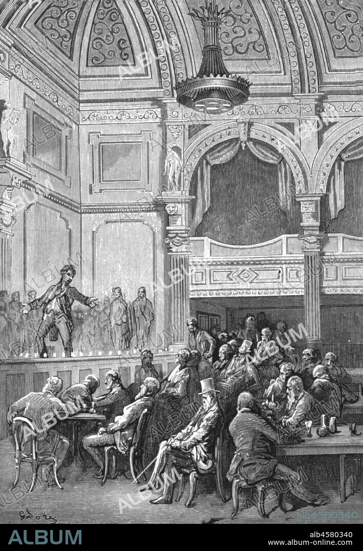 PAUL GUSTAVE DORÉ. 'At Evans's', 1872. Stage performance at Evans Music and Supper Rooms in Covent Garden, former home of Sir Thomas Killigrew. From, "LONDON. A Pilgrimage" by Gustave Dore and Blanchard Jerrold. [Grant and Co., 72-78, Turnmill Street, E.C., 1872].