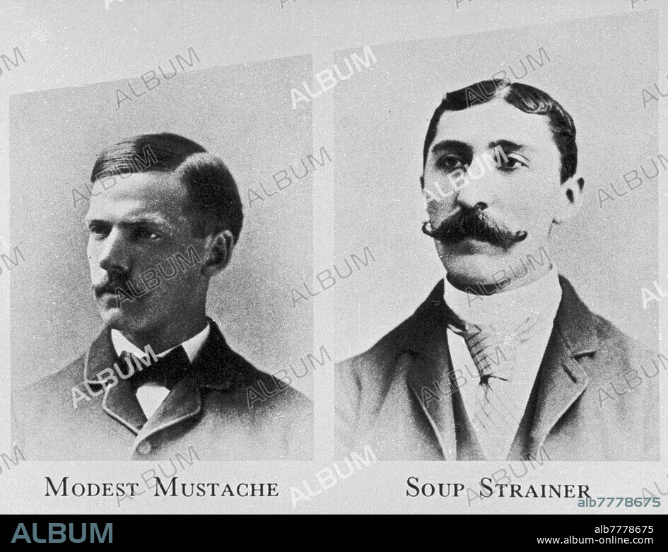 HISTORY OF PHOTOGRAPHY "Modest Mustache" and "Soup Strainer", characters taken from a collection of mustaches and beards: history and classification with the names at the bottom of the figures. The young man on the left has a simple and not bulky mustache, the thick curled mustache of the man on the right is jokingly compared to "soup filters". Photography, USA 188.
