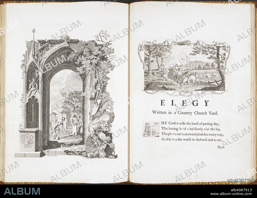 THOMAS GRAY and RICHARD BENTLEY. Illustration for the poem 'Elegy written in a country churchyard.'   . Designs by Mr. R. Bentley, for six poems by Mr. T. Gray. London: R. Dodsley, 1753. Source: C.57.h.5 between pages 27 and 29.