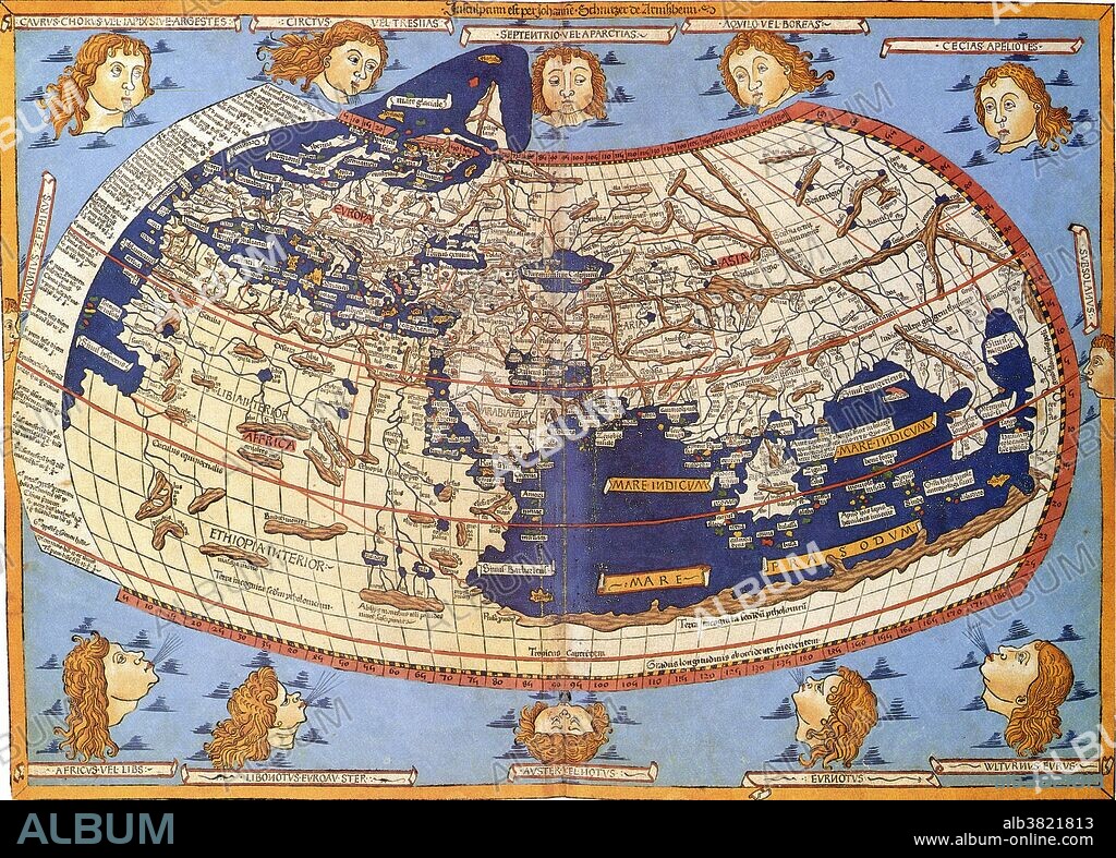 Ptolemy world map taken from the first printed edition of 1472 (the first book to have printed maps) and the famous Rome edition of 1508. The Ptolemy world map is a map of the known world to Hellenistic society in the 2nd century AD. It was based on the description contained in Ptolemy's book Geographia, written 150 AD. Although authentic maps have never been found, the Geographia contains thousands of references to various parts of the old world, with coordinates for most, which allowed cartographers to reconstruct Ptolemy's world view when the manuscript was re-discovered around 1300 AD. Perhaps the most significant contribution of Ptolemy and his maps is the first uses of longitudinal and latitudinal lines and the specifying of terrestrial locations by celestial observations. When his Geographia was translated from Greek into Arabic in the 9th century and subsequently into Latin in Western Europe at the beginning of the 15th century, the idea of a global coordinate system revolutionized medieval Islamic and European geographical thinking and put it upon a scientific and numerical basis. The map also includes the twelve winds designated by Aristotle. The twelve-wind system remained throughout the Middle Ages as the one most commonly used. In keeping with the mythologic origin of winds for direction finding, they are of necessity placed beyond the confines of the known world-beyond the earth itself, in an outer, celestial sphere.