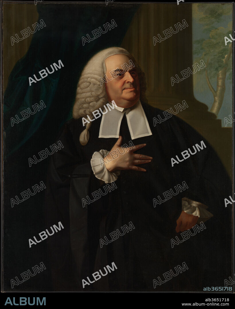 Richard Dana. Artist: John Singleton Copley (American, Boston, Massachusetts 1738-1815 London). Dimensions: 40 x 50 in. (101.6 x 127 cm). Date: ca. 1770.
Richard Dana (1700-1772) was a justice of the province of Massachusetts and a leading figure of the Boston bar. During the early stages of the Revolution, the city depended on his sage legal advice. He was a member of the committee that investigated the Boston Massacre in 1770, at about the same time he posed for Copley. As a bold enhancement of the powerful portrait, Copley selected a carved-and-gilded Rococo frame. The frame is personalized with the Dana family's coat of arms: three stags separated by a chevron, with a fox at the crest and Cavendo tutus ("By caution secure") as the motto.