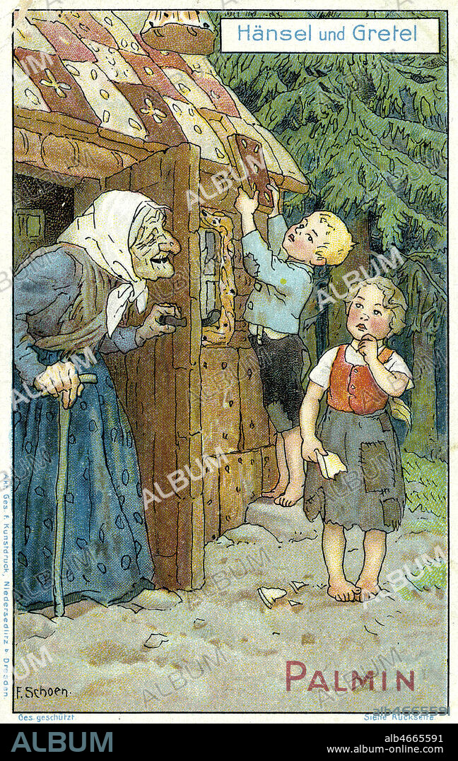 Hansel et Gretel : les deux enfants mangent le toit de la maison en pain d'epices, la sorciere les surprend. Conte de Grimm, Imagerie publicitaire allemande, par F. Schoen. Vers 1900. Credit Collection Kharbine Tapabor.