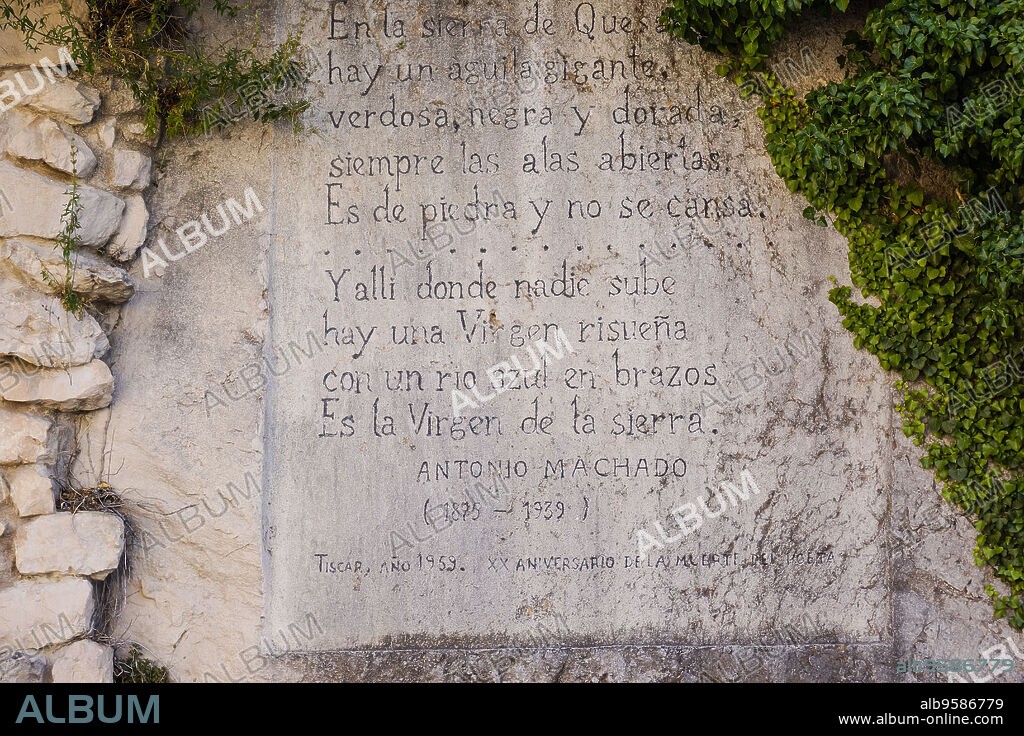 versos de Machado, santuario de Tiscar, gotico con elementos mudejares, parque natural sierras de Cazorla, Segura y Las Villas, Jaen, Andalucia, Spain.