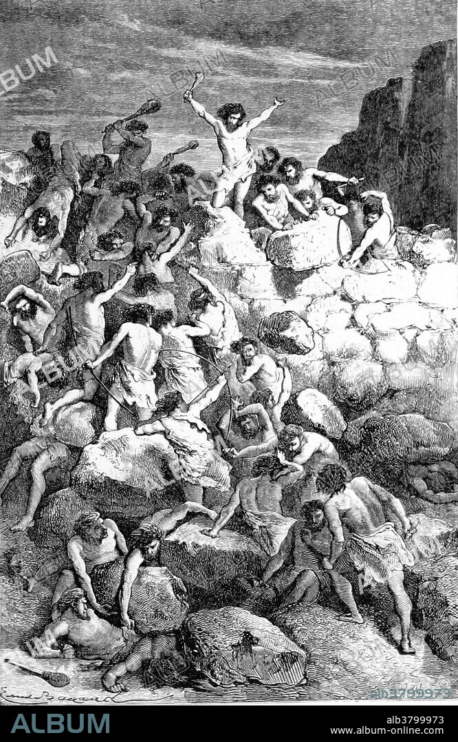 When humans first began fighting wars is a matter of debate among anthropologists and historians. The first archeological record of what could be a prehistoric battle is at a Mesolithic site known as Cemetery 117. It was determined to be about 14,340 to 13,140 years old and located on the Nile near the Egypt-Sudan border. It contains a large number of bodies, many with arrowheads embedded in their skeletons, which indicates that they may have been the casualties of a battle. Beginning around 12,000 BC, combat was transformed by the development of bows, maces, and slings. The bow seems to have been the most important weapon in the development of early warfare, in that it enabled attacks to be launched with far less risk to the attacker. While there are no cave paintings of battles between men armed with clubs, the development of the bow is concurrent with the first known depictions of organized warfare consisting of clear illustrations of two or more groups of men attacking each other. These figures are arrayed in lines and columns with a distinctly garbed leader at the front. Image taken from page 235 of "Primitive Man" by Louis Figuier. Revised translation from the French by Edward Burnet Tylor. Illustrated with scenes of primitive life, 1870.