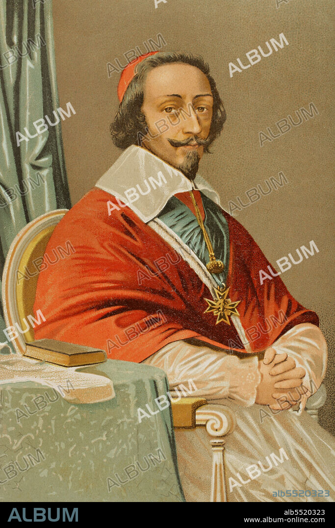 Cardinal de Richelieu (Armand Jean du Plessis) (1585-1642). French clergyman and statesman. Chief minister to King Louis XIII. Portrait. Chromolithography. Historia Universal, by César Cantú. Volume VIII. Published in Barcelona, 1886.