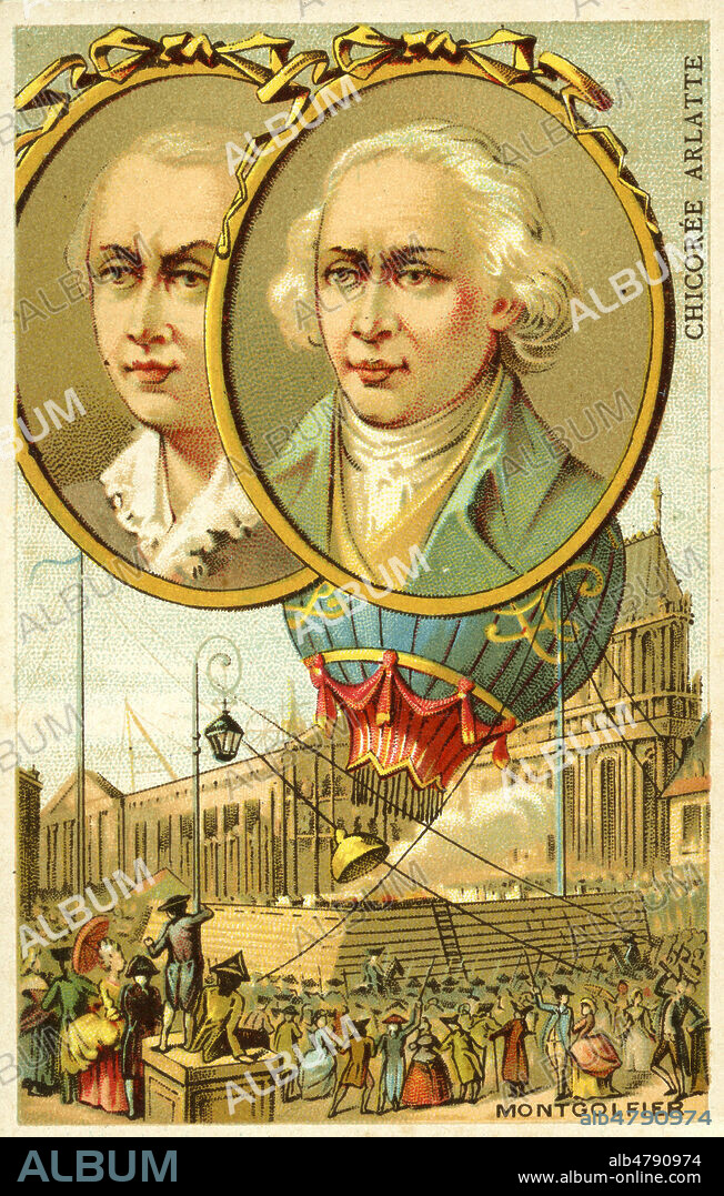 Les freres MONTGOLFIER. Chromo publicitaire vers 1890. Illustration anonyme. Credit : Collection IM/KHARBINE-TAPABOR.