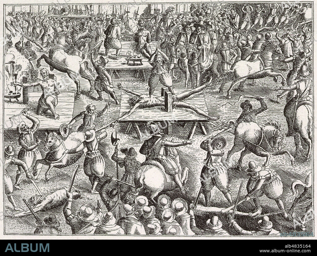 Le supplice de Francois RAVAILLAC (1578-1610). Gravure en noir et blanc. Credits : Collection KHARBINE-TAPABOR.