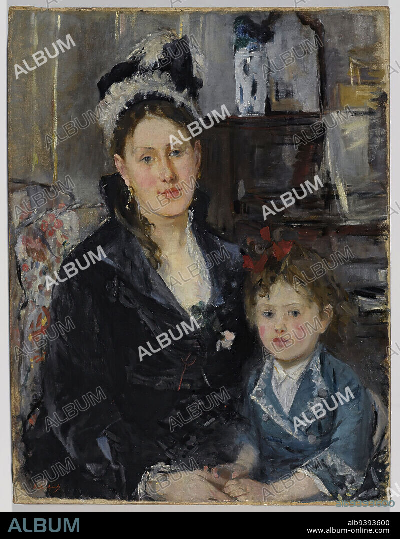 Portrait of Mme Boursier and Her Daughter, Portrait de Mme Boursier et de sa fille, Berthe Morisot, French, 1841-1895, Oil on canvas, France, ca. 1873, 29 5/16 x 22 3/8 in., 74.5 x 56.8 cm, 19th Century, blue, bourgeois, bow, child, earrings, European, feathers, female figure, Figura infantil, Flower, French, hats, Impressionism, interior, intimacy, intimate, mirror, Morisot, mother and child, painting, piano, portrait, rosy-cheeked, woman.