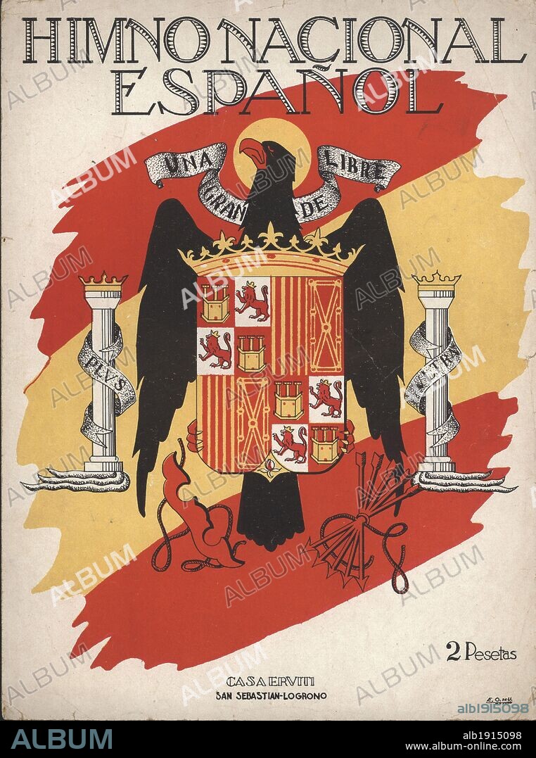 Partitura musical "Himno Nacional Español", editado por Casa Erviti, San Sebastián. Año 1940.
