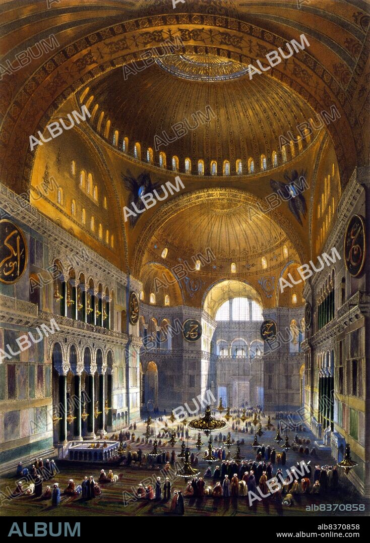 An interior view of the Hagia Sophia in 1852, when it was known as the Ayasofya Mosque. The building was originally constructed as a main Eastern Orthodox church and served in this role from 537 CE until the fall of Constantinople in 1453 (except between 1204 and 1261 when it was converted by the Fourth Crusaders to a Roman Catholic cathedral).<br/><br/>. When the Ottoman Turks under Mehmed II conquered Constantinople, the Hagia Sophia was converted into a mosque and Christian relics and art were either removed or plastered over. It remained a mosque for almost 500 years, before being converted into a museum between 1931 and 1935.<br/><br/>. Famous in particular for its massive dome, it is considered the epitome of Byzantine architecture and influenced the design of numerous mosques in what is now Istanbul.
