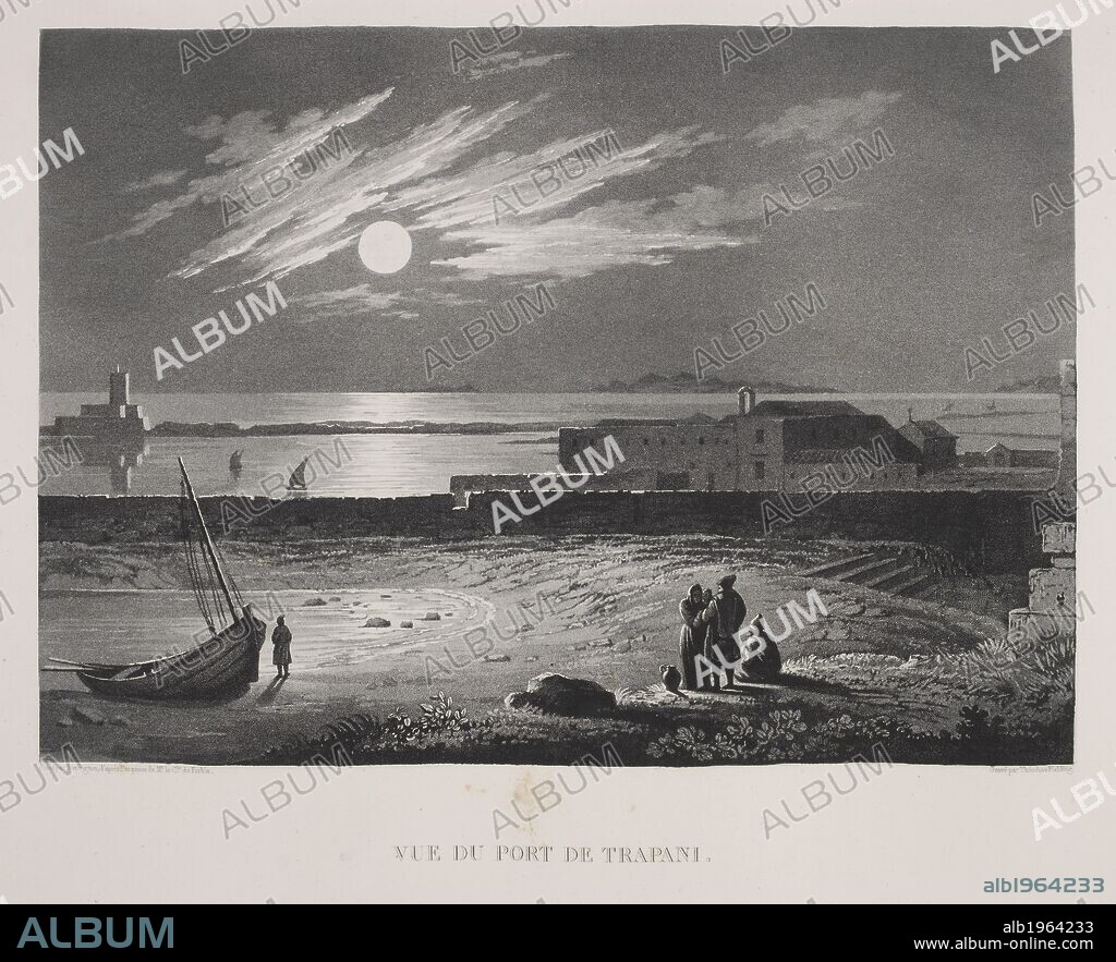 ACHILLE-ETIENNE GIGAULT DE LA SALLE. Illustrated view of Sicilian harbour at night. Voyage pittoresque en Sicile. [Edited by J. F. dâ€™Ostervald.]. Paris, France. Source: 746.e.3 (1) plate 20. Language: French.