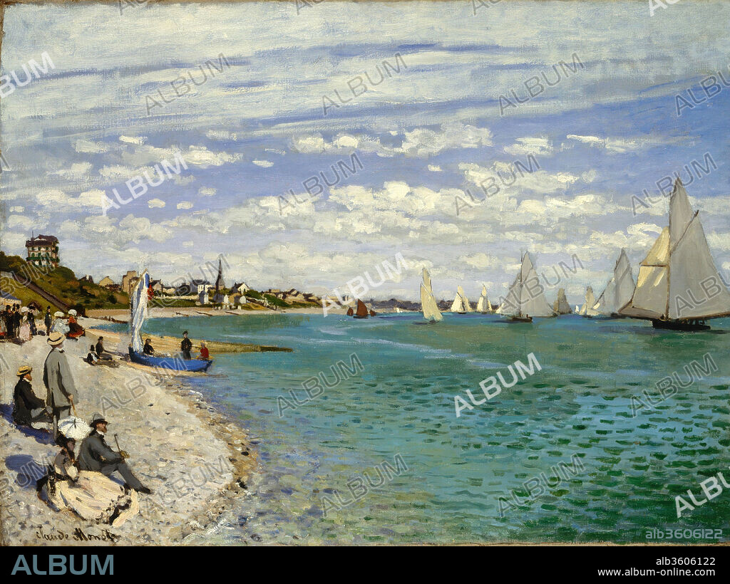 Regatta at Sainte-Adresse. Artist: Claude Monet (French, Paris 1840-1926 Giverny). Dimensions: 29 5/8 x 40 in. (75.2 x 101.6 cm). Date: 1867.

Monet spent the summer of 1867 at Sainte-Adresse, a well-to-do suburb of Le Havre on the Normandy coast. On June 25, he reported that he had about twenty pictures under way, noting, "Among the seascapes, I am doing the regattas of Le Havre with many figures on the beach and the outer harbor covered with small sails." This sunny regatta, watched at high tide by well-dressed bourgeois, seems to have been conceived as a pair with <i>The Beach at Sainte-Adresse</i> (Art Institute of Chicago), an overcast scene at low tide, showing fishing boats hauled onto the beach, peopled with sailors and workers.