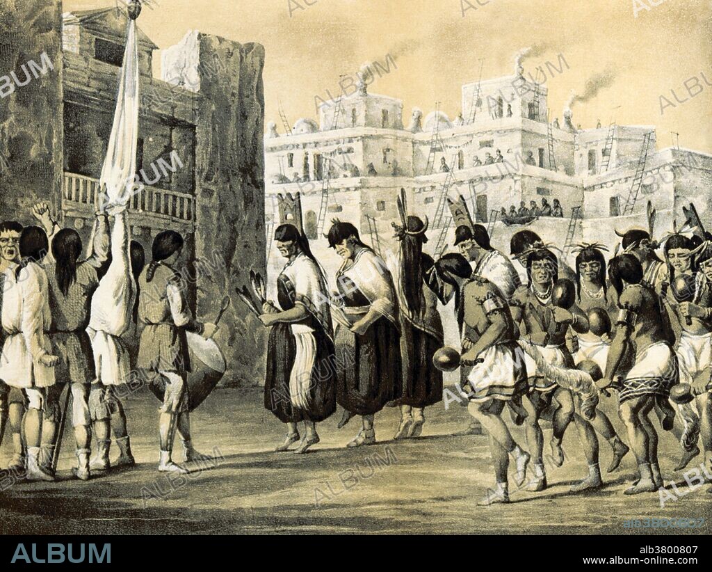 Buffalo Dance, Zuni Pueblo, New Mexico. An Illustration by R. H. Kern from "Report of an Expedition Down the Zuni and Colorado Rivers in 1851," by Captain L. Sitgreaves. Lorenzo Sitgreaves, along with a team of topographers, naturalists, artists, and infantrymen explored and mapped the Zuni and Colorado Rivers in America. Sitgreaves' official report was published in 1853.