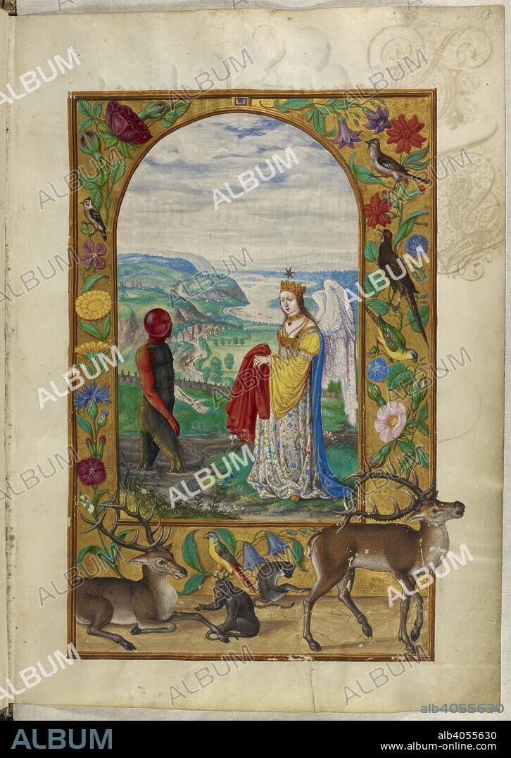SALOMON TRISMOSIN. Illustration of the Fourth Parable: a queen offers a robe to a black man emerging from a pool, his head partly covered by a glass globe; borders decorated with stags, monkeys, birds and flowers. Splendor Solis. Germany, 1582. Source: Harley 3469, f.18. Language: German.