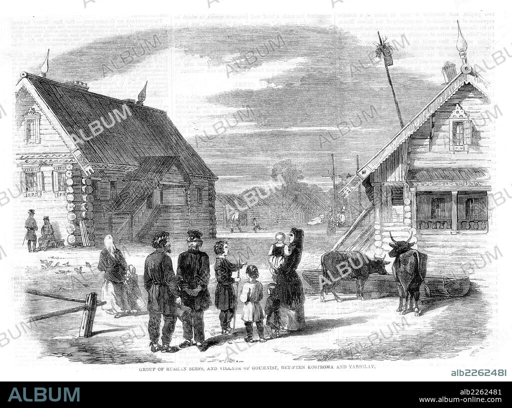 A group of Russian serfs in the village of Goumnist, between Kostroma and Yaroslav. By the Act of Liberation, 19 February 1861, Alexander II freed the serfs allowing them to own land. Engraving from "The Illustrated London News" 2 March 1861.