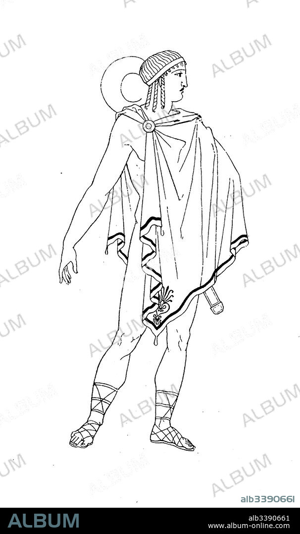 Greece, Ephebe with Chlamys and hat, Chlamys was in ancient times a short riding and rice coat, History of fashion, costume story.
