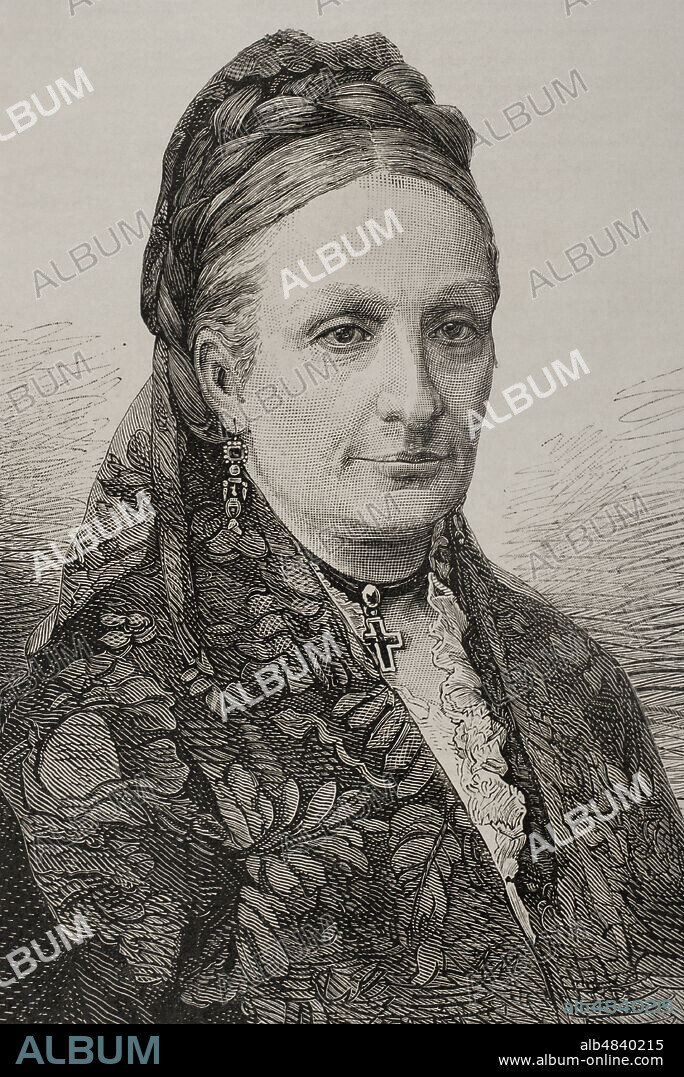 María Luisa Fernanda de Borbón y Borbón (1832-1897). Infanta de España desde su nacimiento. Duquesa de Montpensier por su matrimonio con el príncipe Antonio de Orleans en 1846. Retrato. Grabado. La Ilustración Española y Americana, 1878.
